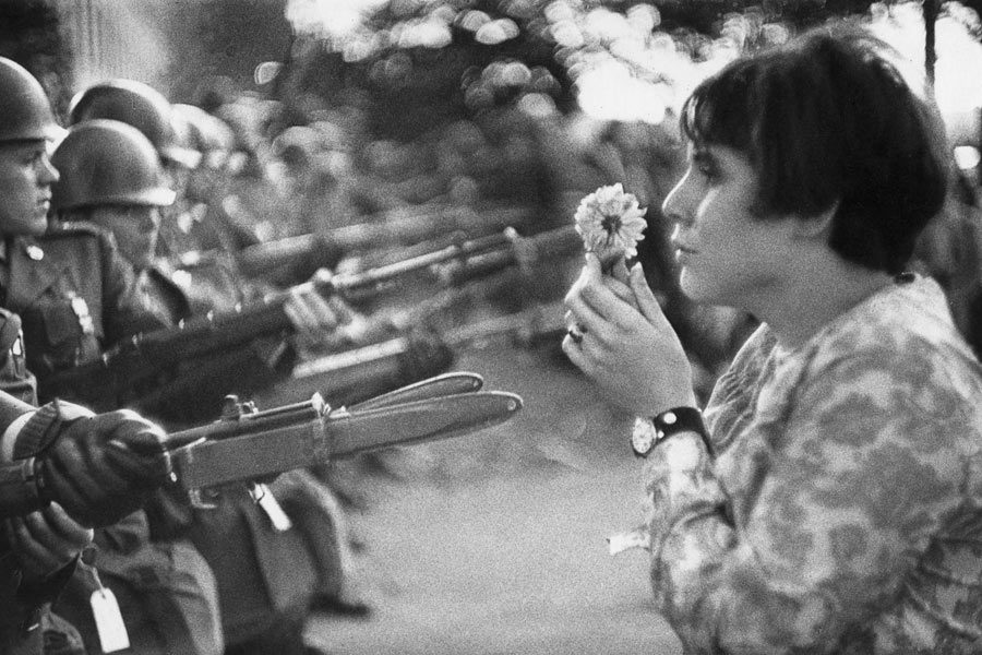 Washington D.C., October 21, 1967. During a march on the Pentagon to protest the war in Vietnam, Jan Rose Kasmir presented a wonderful picture of peace-loving American youth.