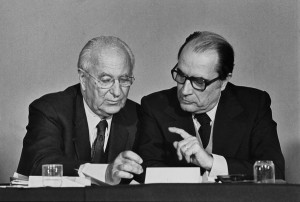 François Mitterrand and Gaston Deferre during the Parti socialiste convention, Paris, 1974