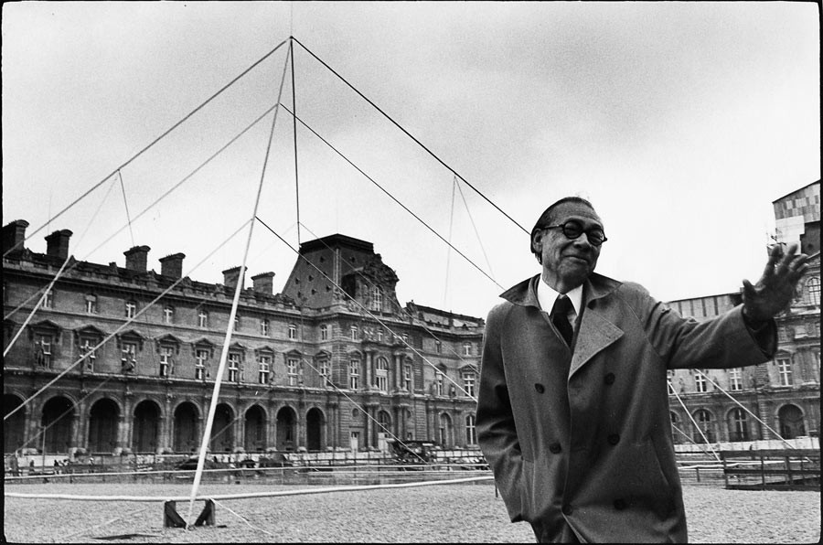 Ieoh Ming Pei on the construction site of the Louvre pyramid, Paris, 80s