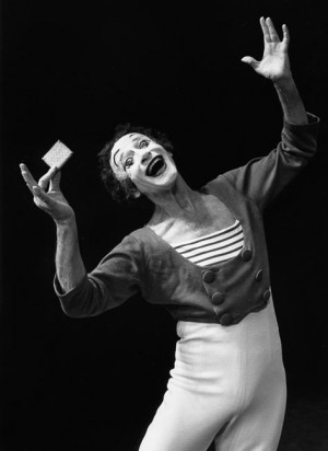 Marcel Marceau poses for an advertising for LU biscuits, France, 1988