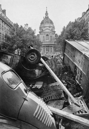 France, May 1968. Sorbonne chapel over a barricade.